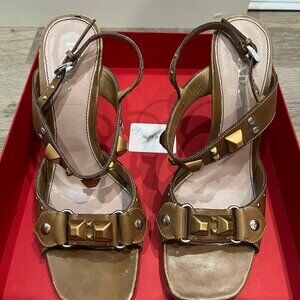 Prada Women's Caramel Leather Antique Gold Stud High Heels Sandals